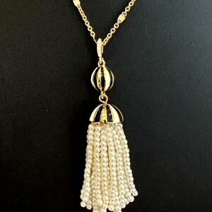 Talbot's Long Gold Tone Pearl & Enamel Statement Tassel Necklace - NWT